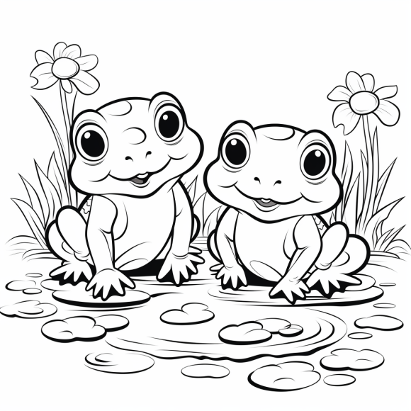 two baby frogs sitting on a leaf lake drawing